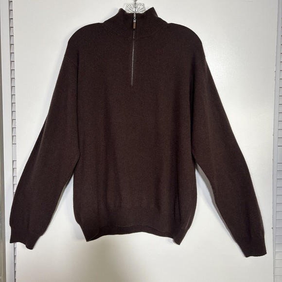 Kinross Men's Size M Brown Tan 100 % Cashmere 1/4  Zip Mock Neck Sweater - Picture 1 of 8